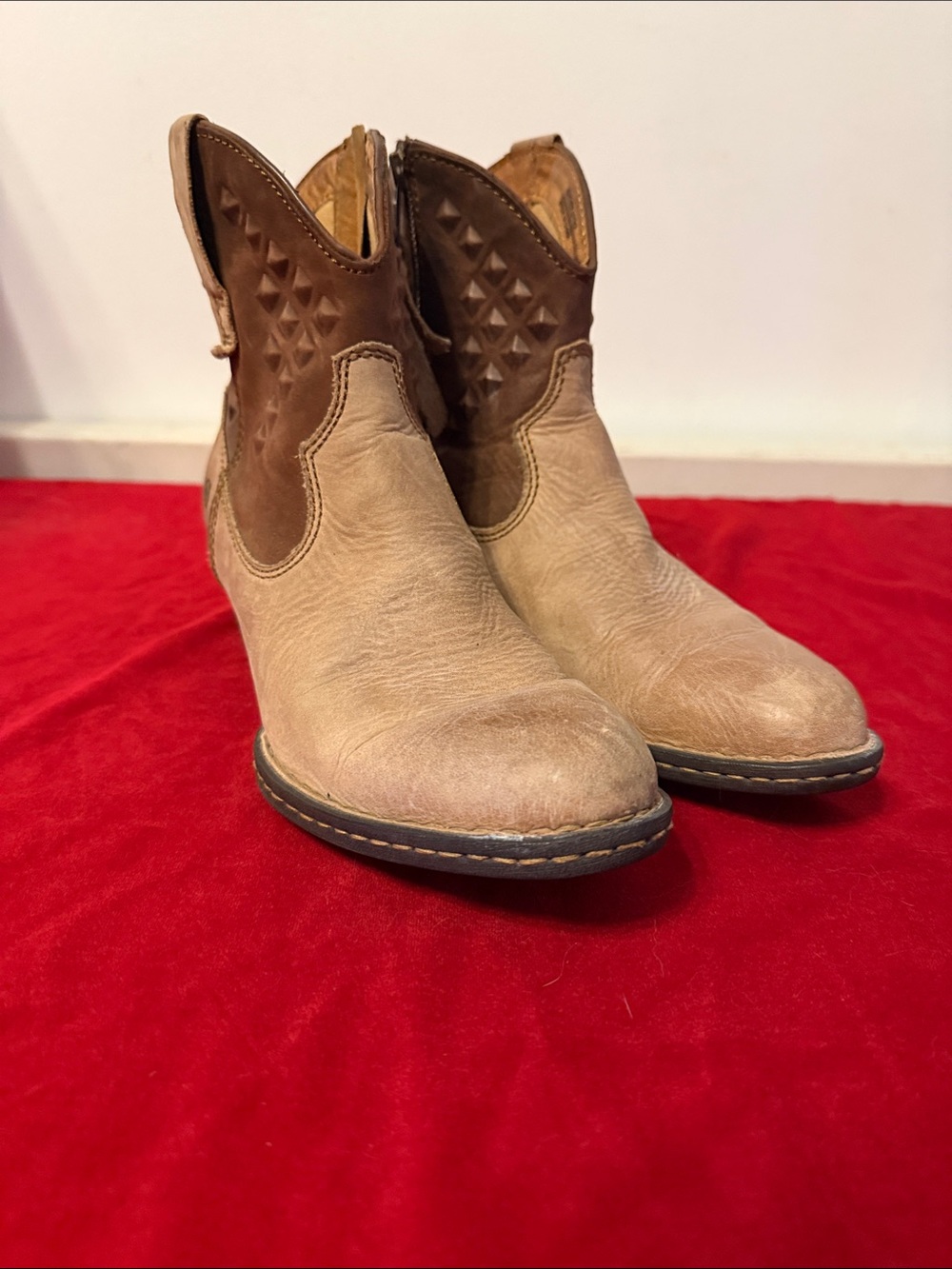 Born Women’s Two-Tone Tan Studded Western Ankle Boots